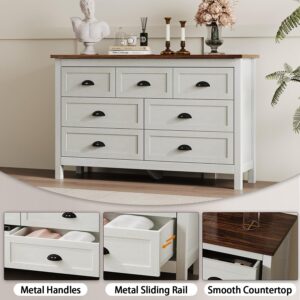 HOUROM Farmhouse White Dresser for Bedroom, 7 Drawer Dresser with Vintage Black Handle, Wide Wood Dressers & Chests of Drawers for Hallway, Entryway, Antique White