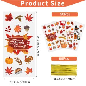 QOIUSO Thanksgiving Gift Bags Cellophane Bags: 50 Pcs Thanksgiving Treat Bags for Goodie Cookies Snacks and Gift Wrapping, Clear Candy Bags with Twist Ties Thanksgiving Party Favors Bags - 4 Style