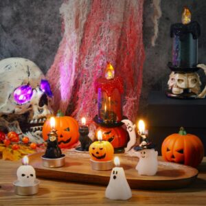 Rossesay 12 Pcs Halloween Decoration Candles Ghost Candles Pumpkin Skeleton Cat Witch Cute Mini Candles White Soy Wax Horror Tea Lights Spooky Candles Set for Autumn Halloween Party Home Decorations