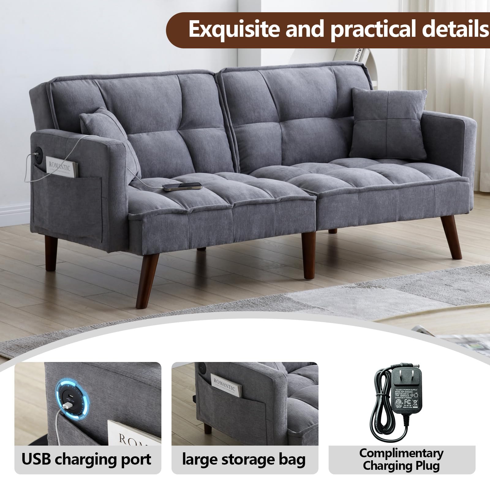 Alyncasa Folding Futon Sofa Bed, Chenille Fabric Sleeper Couch Recliner with USB Charging Port, Storage Pouch, Adjustable Angle backrest for Living Room, Bedroom, Apartment (Dark Gray)