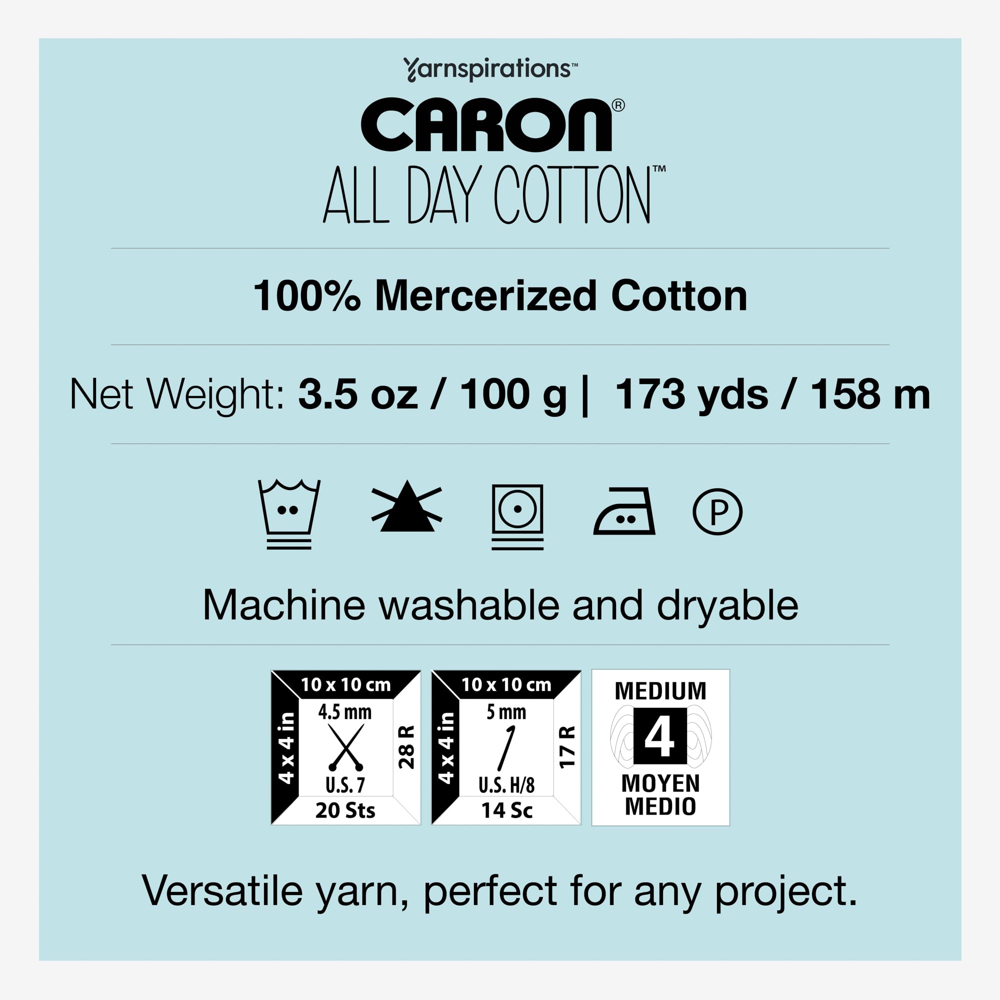 Caron All Day Cotton - 3 Pack of 173 Yards/3.52 oz Light Gray 100% Mercerized Cotton Yarn