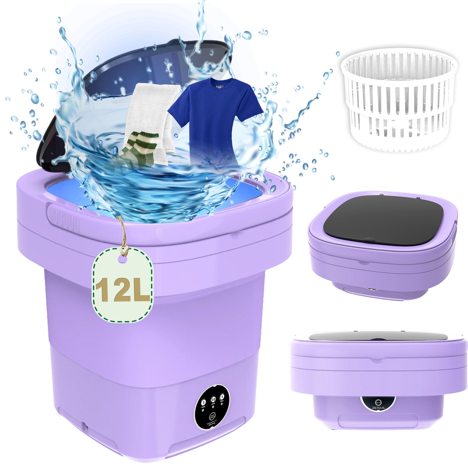 Portable Washing Machine,12L Mini Washer with Foldable Design, Small Folding Washing Machine with 3 Intelligent Cleaning Modes for Travel,Apartment,Baby Clothes,Socks（Purple)