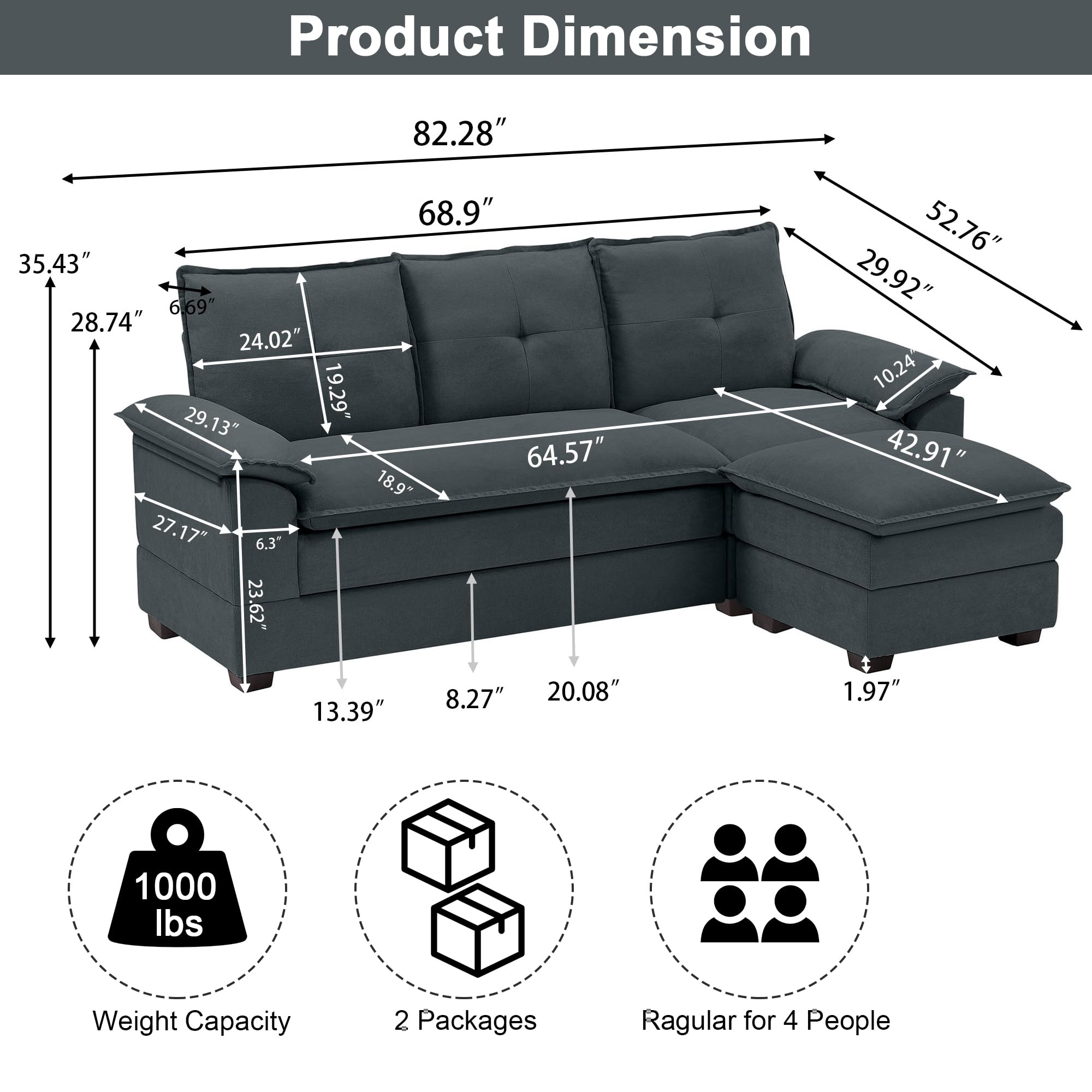 Jarenie Upholstered Cloud Couch Sectional, 82" Modern Sofa with Ottoman Convertible, 3 Seater L Shaped Couch Modular Floor Sofa