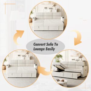 CAPCAEK 85" Corduroy Sofa Bed with Storage Chaise, L Shaped 3 Seat Sectional Couch, Pull Out Sleeper Sofabed with Cup Holders & USB Charge Port for Living Room, Office, Apartment (Beige)