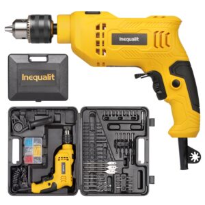 inequalit 4.5amp 0-3000 rpm corded hammer drill, 1/2 inch chuck impact drill with 105-piece accessory set, adjustable speed control, 360° swivel handle, depth gauge and portable carrying case