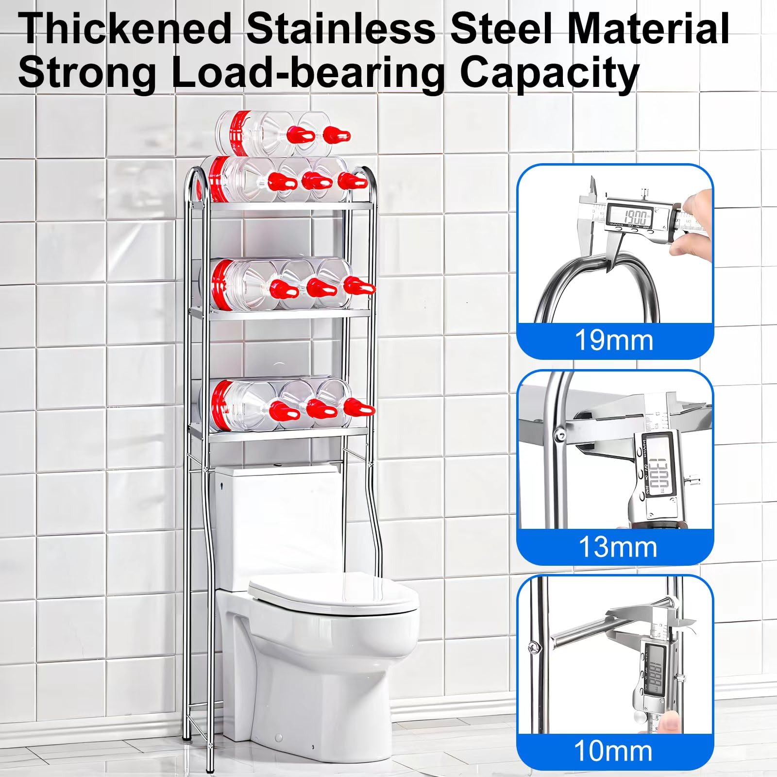 Eidustor Over The Toilet Storage Stainless Steels 3-Tier Over Toilet Bathroom Organizers with 4 Hooks and Adjustable Feet Pad, Space Saver Above Toilet Shelf Rack for Bathroom, Restroom, Laundry