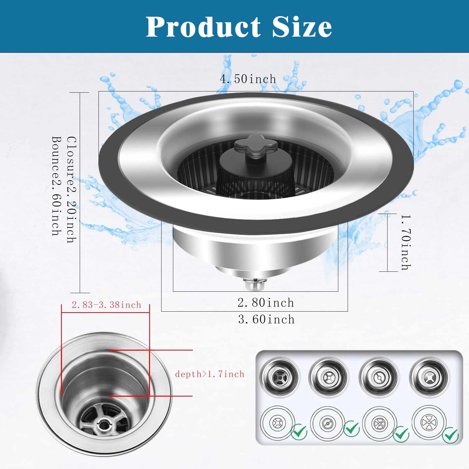 Kitchen Sink Drain Strainer, Upgraded 3 in 1 Kitchen Sink Bounce Core & Stopper Kit, 304 Stainless Steel Pop Up Kitchen Sink Stopper, Sink Stopper 3-1/2 Inch