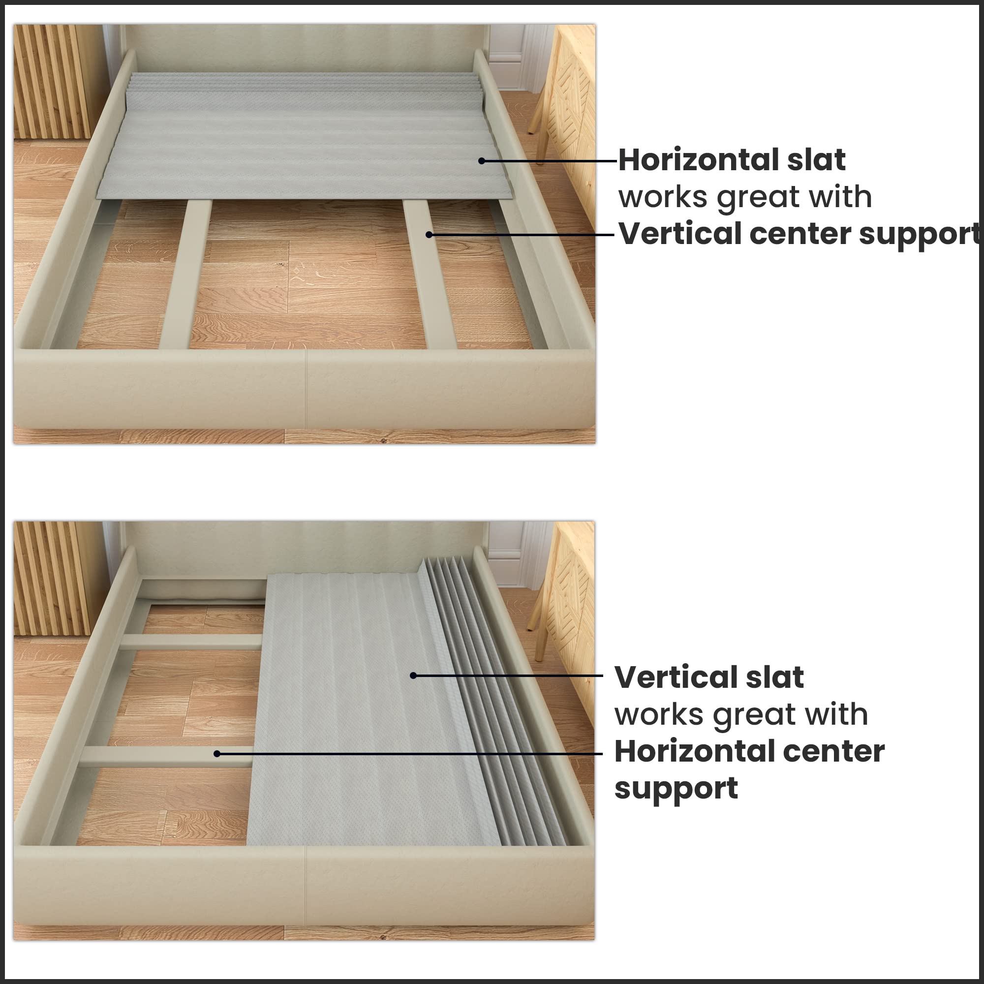 Greaton, 0.75-Inch Horizontal Wooden Bunkie Board/Bed Slats with Cover, Enhance Mattress Support, Queen, Grey