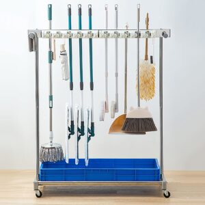 dhwdpo utility rack for mops and brooms,cleaning tool cart tower mop holder umbrella stand,broom and mop holder put wet mops movable commercial mop rack for garden garage organizer mop drain rack