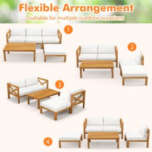 Tangkula 5 Piece Outdoor Conversation Furniture Set, Acacia Wood Sectional Sofa Set with 3 Chairs, 1 Ottoman & 1 Coffee Table, Patio Cushioned Sofa Set for Porch, Yard, Poolside (Off White)