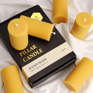 Pure Natural Beeswax Pillar Candles Bulk - Pack of 6 - Honeycomb Surface, No Scent- for Emergency/Prayer/Relax (2inch Diameter, 4 inch Tall - Yellow)