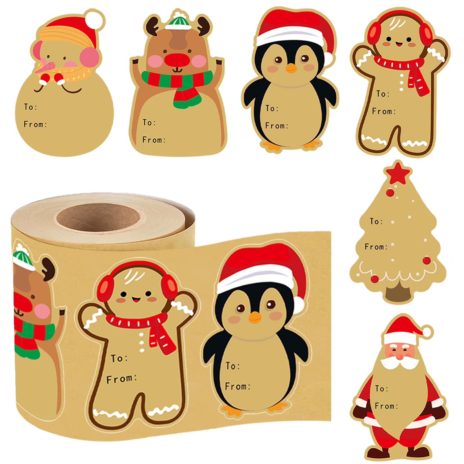 YUUIKLLE 300PCS Christmas Stickers 2x3 Inch Christmas Santa Claus Snowman Stickers 6 Designs of Self Adhesive Labels Kraft Paper Stickers,for Wrapping Birthday Envelopes Wedding Holiday Decor