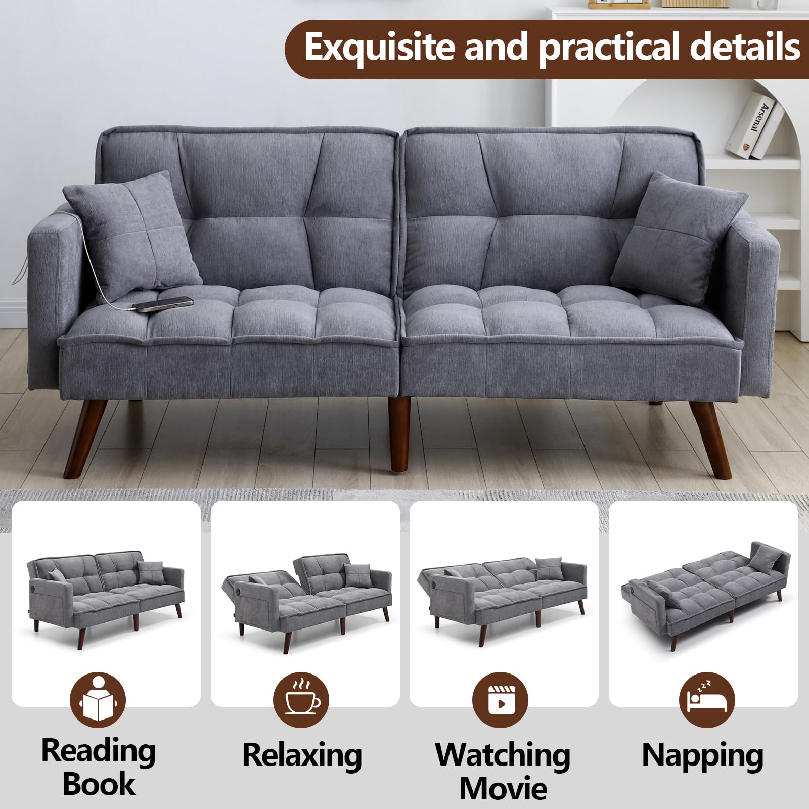 Alyncasa Folding Futon Sofa Bed, Chenille Fabric Sleeper Couch Recliner with USB Charging Port, Storage Pouch, Adjustable Angle backrest for Living Room, Bedroom, Apartment (Dark Gray)