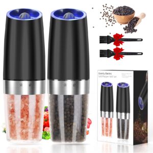 gravity electric pepper and salt grinder set, adjustable coarseness, automatic shakers mill grinder with led light, battery powered, upgraded larger capacity, one hand operated (black 2 pack)