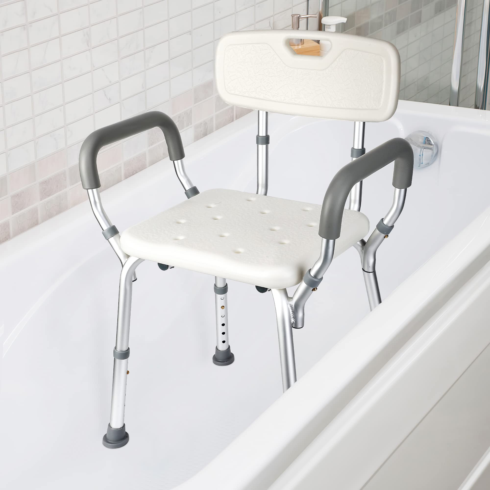 IDEALHOUSE Shower Seat, Adjustable Height Shower Chair, with Padded Armrests and Back, Inside Shower Seat Support 350 Lb Capacity, Slip Resistant Shower Seat for Bathtub