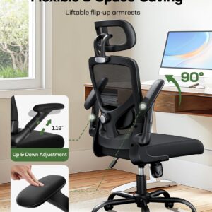 Marsail Ergonomic Mesh Office Chair High Back Desk Chair Adjustable Lumbar Support with Headrest Flip-Up Liftable Arms Swivel Computer Task Chair for Big and Tall People