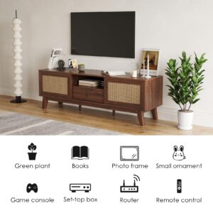 Boho Natural Rattan TV Stand 70 Inch for Living Room, Mid Century Modern TV Stand with Storage & Detachable Drawers,Farmhouse Media Console Entertainment Center with Hand Made Rattan Doors