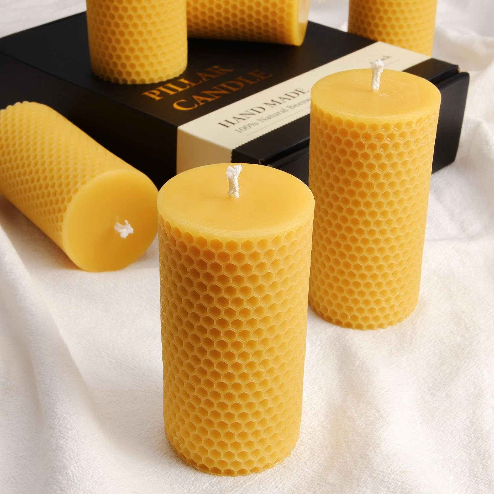 Pure Natural Beeswax Pillar Candles Bulk - Pack of 6 - Honeycomb Surface, No Scent- for Emergency/Prayer/Relax (2inch Diameter, 4 inch Tall - Yellow)