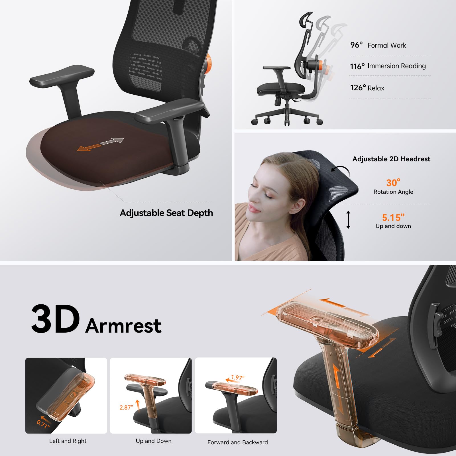 Newtral Ergonomic Office Chair with Laptop Table Tray - Home Office Desk Chair with Auto-Following Lumbar Support, 3D Armrest, Adjustable Headrest, Recline Mesh Back