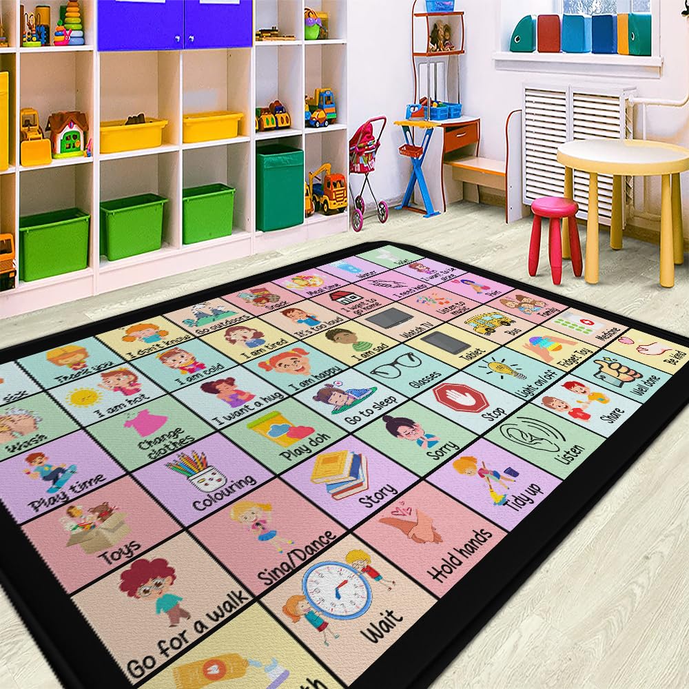 Core Vocabulary Rug, Communication Rug for Kids Sped Classroom Rug, Autism Communication Carpet, Rug for Speech Therapist Decor, School Rug (STYLE-DS02, Size Medium (4x6 feet))