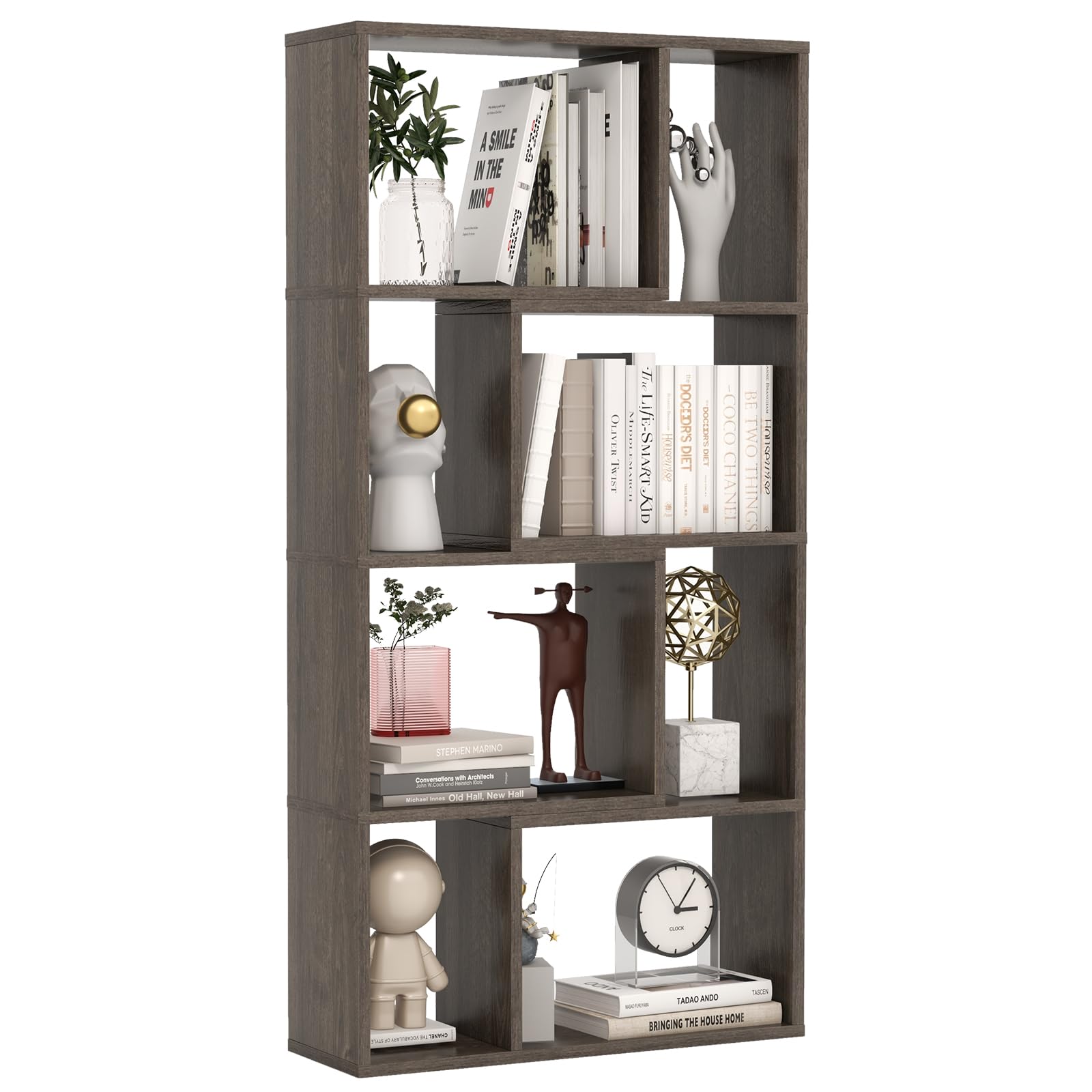 Tangkula 5 Tier Geometric Bookshelf, 48”H Freestanding 8-Cube Open Bookcase, Wooden Storage Display Shelf, 2 Anti-Toppling Devices, 8 Cubes Home Office Decor Room Divider for Living Room (1, Gray)