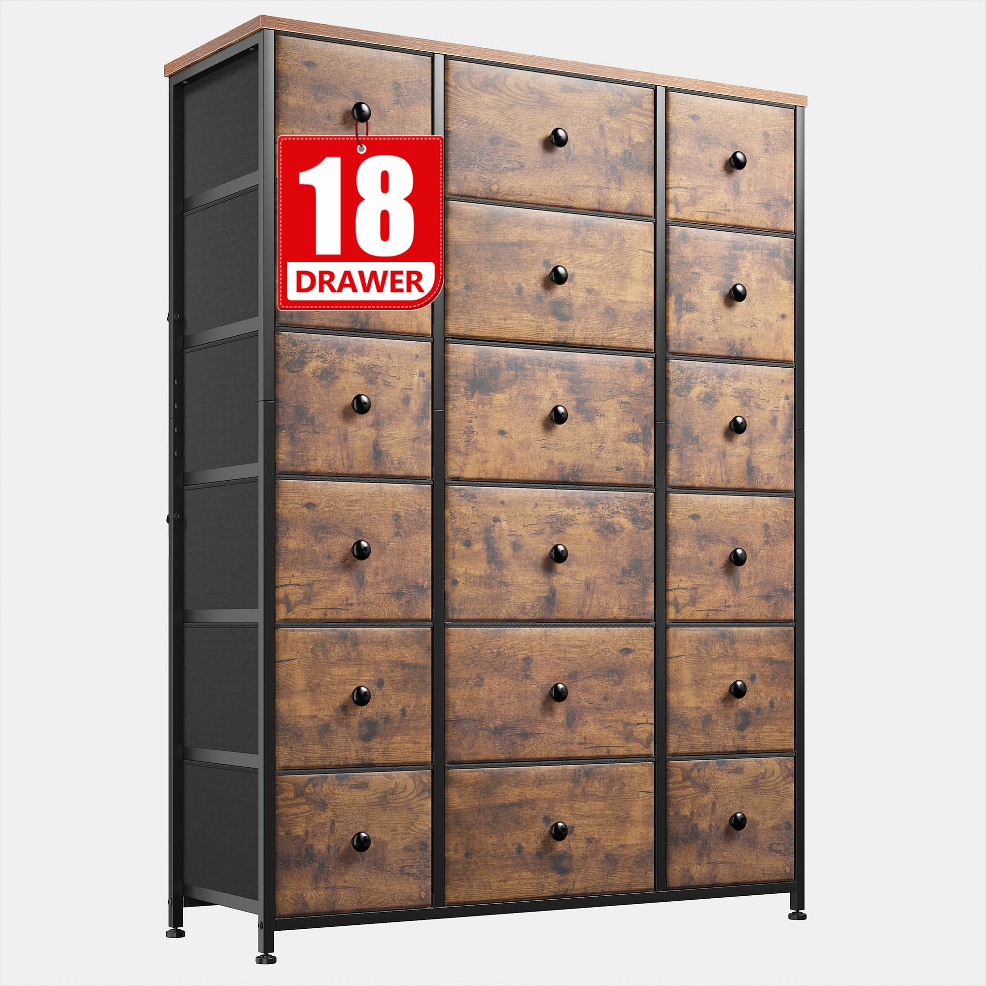 EnHomee 57.7" Dresser,Tall Dressers for Bedroom with 18 Drawers，Dressers & Chests of Drawers， Fabric Dresser with Wooden Top & Metal Frame,Living Room, Closet,Hallway,Rustic Brown