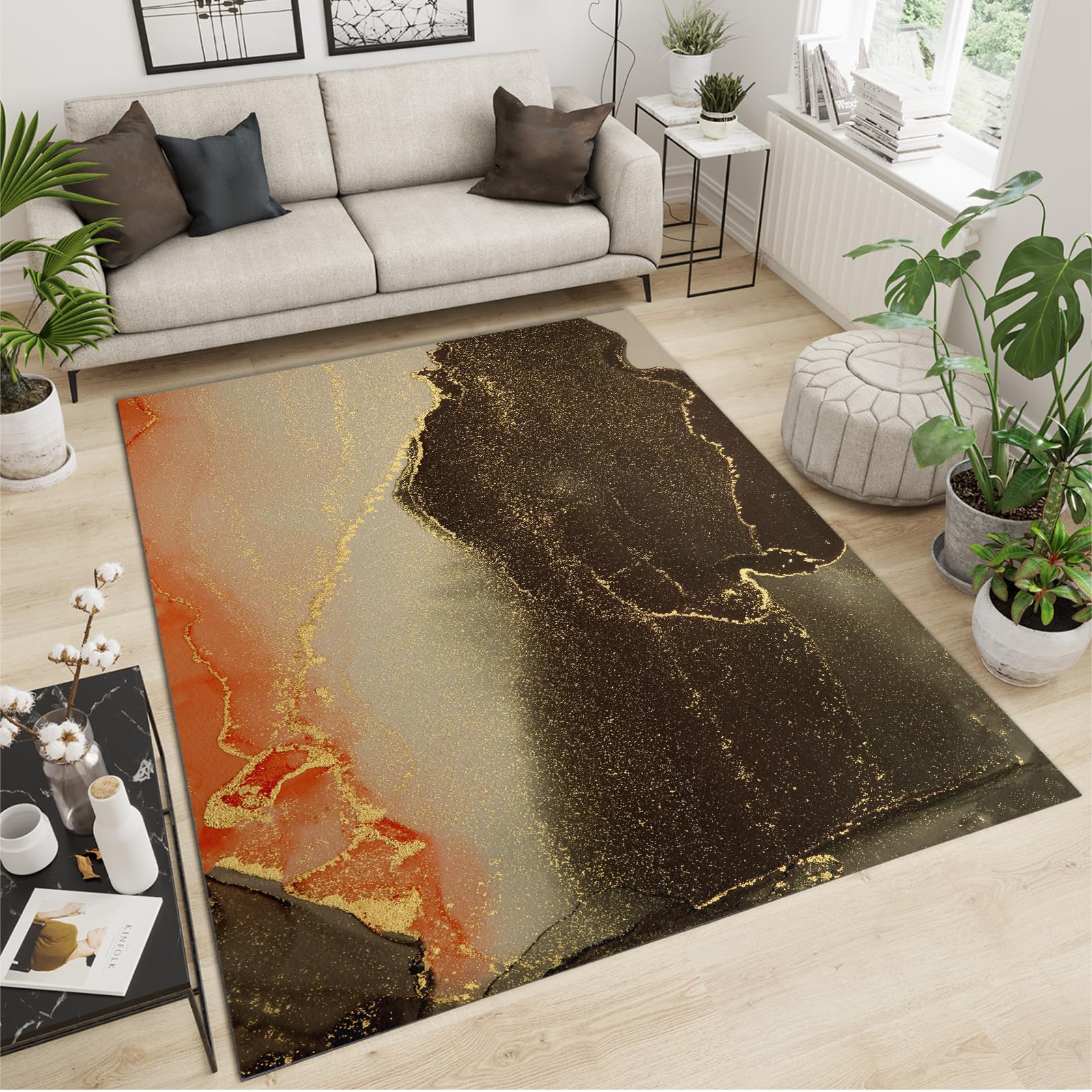 LACEABI Orange Brown Marble Area Rug, Gold Powder Texture Indoor Non Slip Living Room Rug, Low Pile Foldable Home Decor Carpet for Bedroom Dining Room Farmhouse Floor Mat - 2 ft x 3 ft