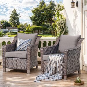 outdoor wicker chair set of 2-outdoor patio chairs with deep seating patio dining chairs for deck balcony poolside backyard-brown/grey