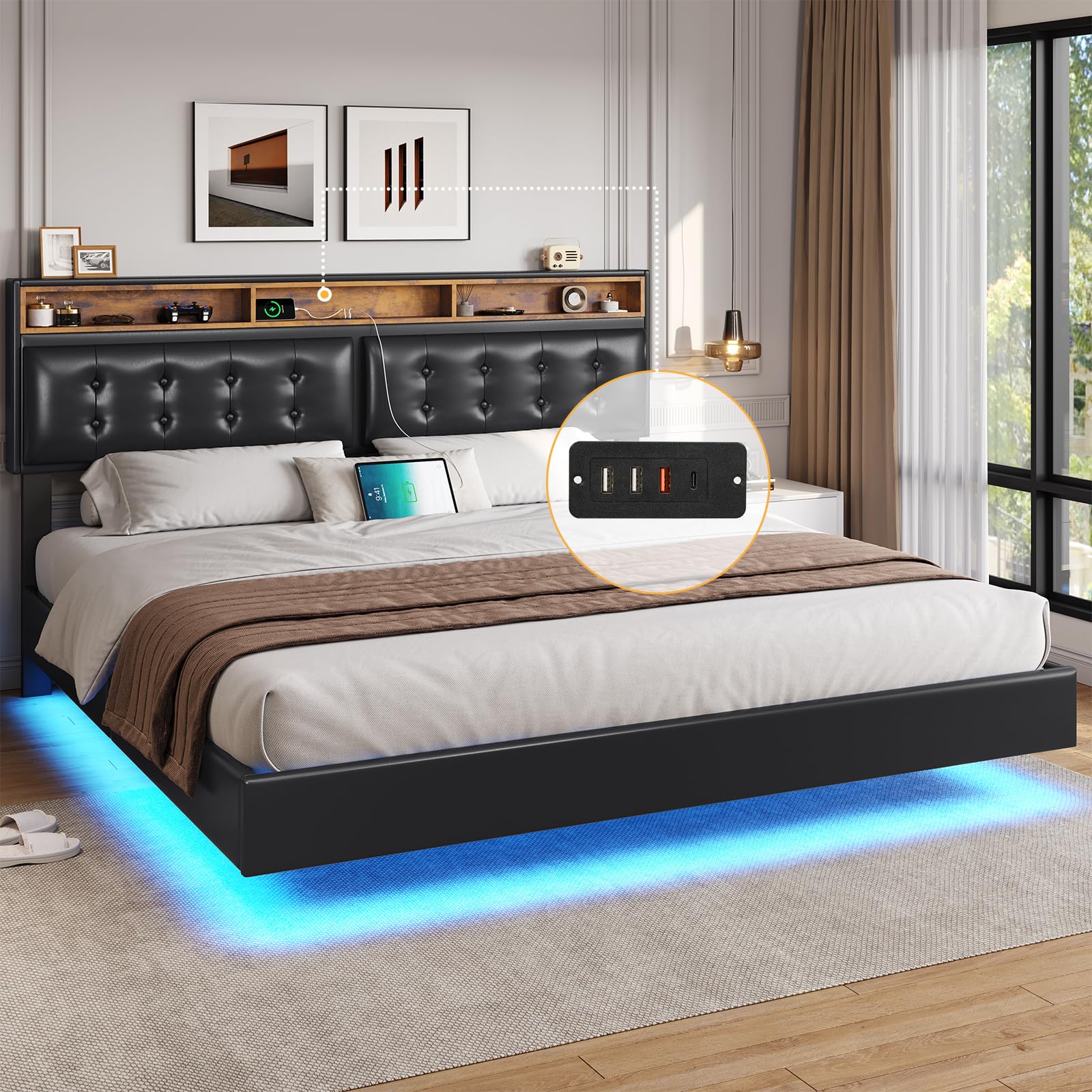 DICTAC Floating King Bed Frame with Led Lights and Storage Headboard King Size LED Bed with Charging Ports Visual Floating Platform Bed with Wood Slats,Faux Leather,No Box Spring Needed,Black