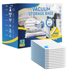 12 jumbo compression storage bags, vacuum seal bags with hand pump for blankets, comforters, bedding, pillows and clothes storage