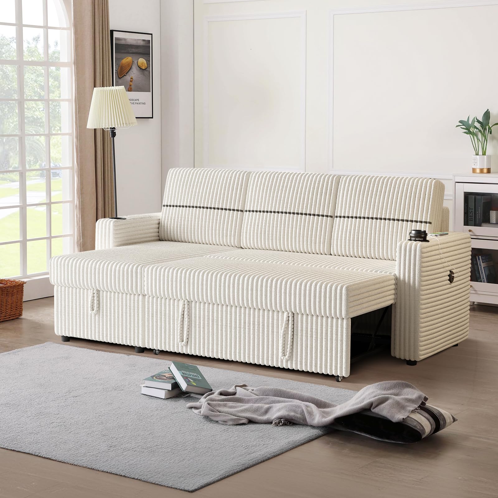 CAPCAEK 85" Corduroy Sofa Bed with Storage Chaise, L Shaped 3 Seat Sectional Couch, Pull Out Sleeper Sofabed with Cup Holders & USB Charge Port for Living Room, Office, Apartment (Beige)