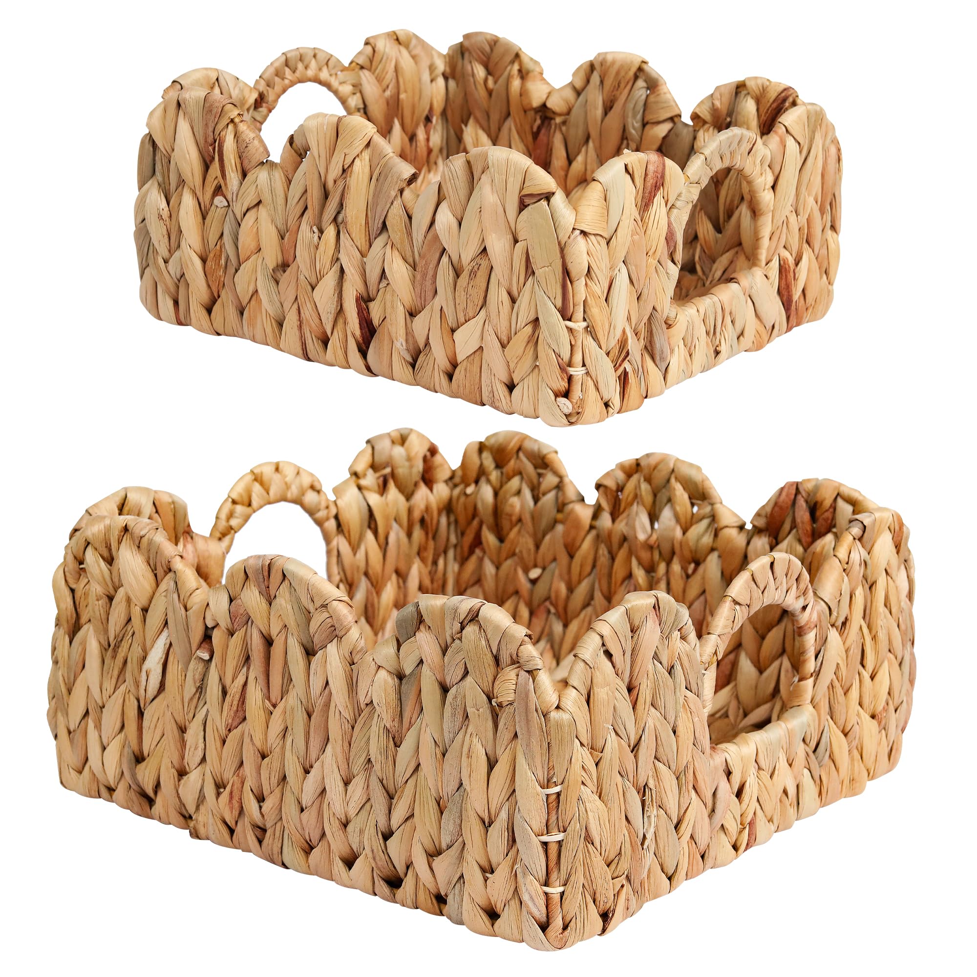 VILSSOVY Scalloped Basket, 2 Packs Hyacinth Storage Baskets for Storage, Woven Water Hyacinth Scallop Baskets with Handles, Decorative Basket for Bedroom, Living Room