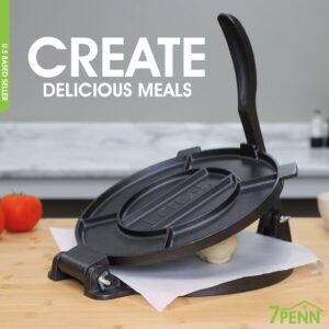 7Penn Tortilla Press 12 inch - Cast Iron Manual Roti Maker Dough Press for Corn Tortillas, Tamales, Chapati, Naan Bread, Pizza Dough with 50 Parchment Paper Sheets