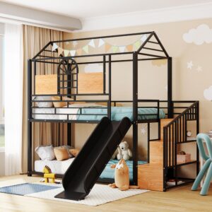 Merax Twin Over Twin Metal Bunk Bed, Metal House Bed with Slide and Storage Stair, Black Bed Frame with Black Slide