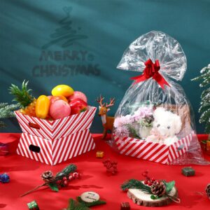 Wonderjune 12 Pcs Christmas Basket for Gifts Empty Set 9.8 x 8.3'' Large Empty Gifts Baskets to Fill,Red Candy Stripe Cardboard Basket with Handles Bows Plastic Bags for Xmas Party Holiday Decor