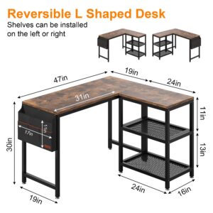 VECELO L Shaped Desk, 47 Inch Computer Gaming Study Writing Table, Home Office Workstation with Storage Shelves & Bag