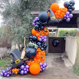 Wecepar 158pcs Halloween Balloon Garland Arch Kit Black Orange Purple Green Balloon with Skeleton Guard Cat Pumpkin Witch Hat Shaped Foil Balloons for Halloween Theme Party Supplies Decorations