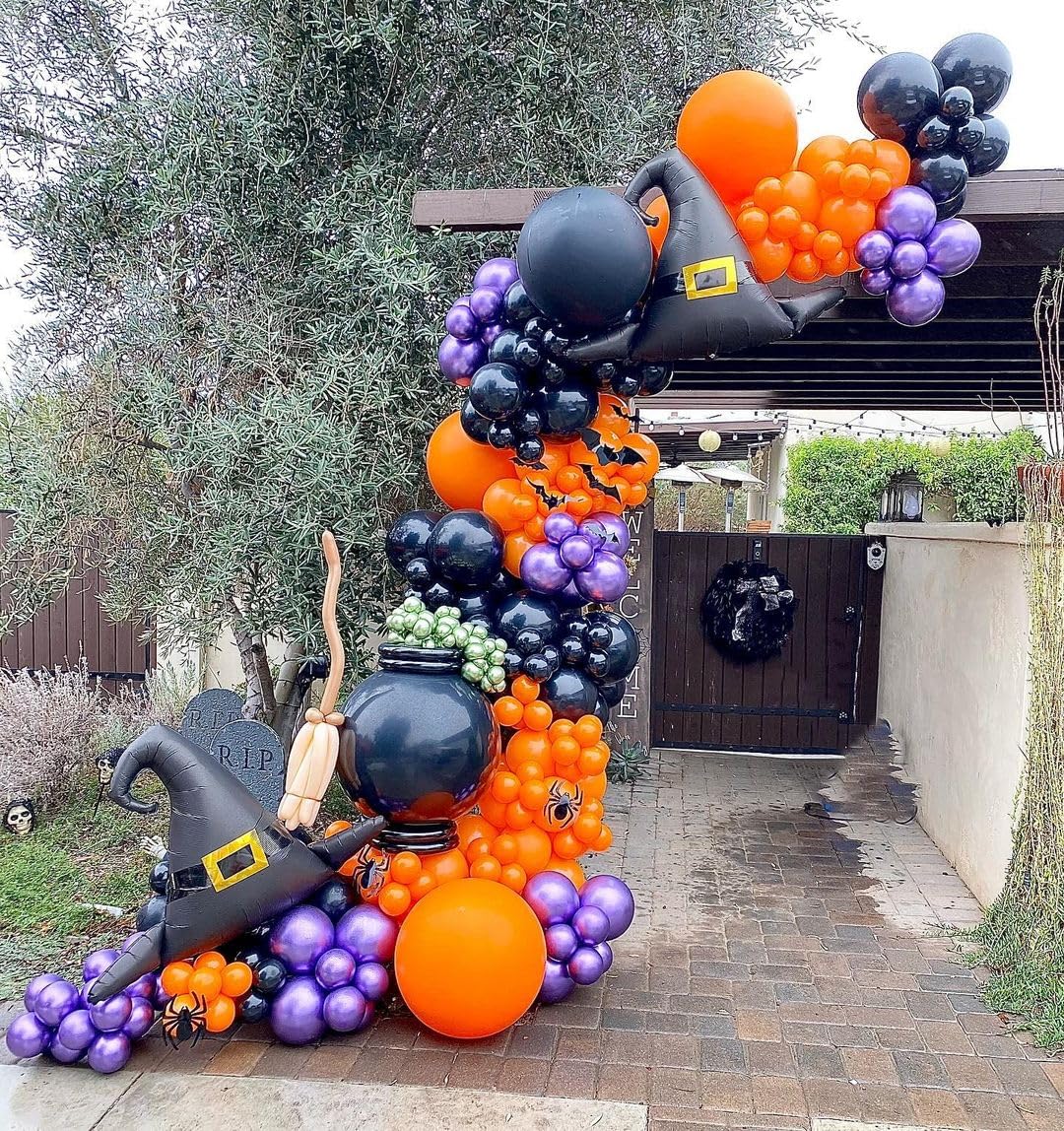 Wecepar 158pcs Halloween Balloon Garland Arch Kit Black Orange Purple Green Balloon with Skeleton Guard Cat Pumpkin Witch Hat Shaped Foil Balloons for Halloween Theme Party Supplies Decorations