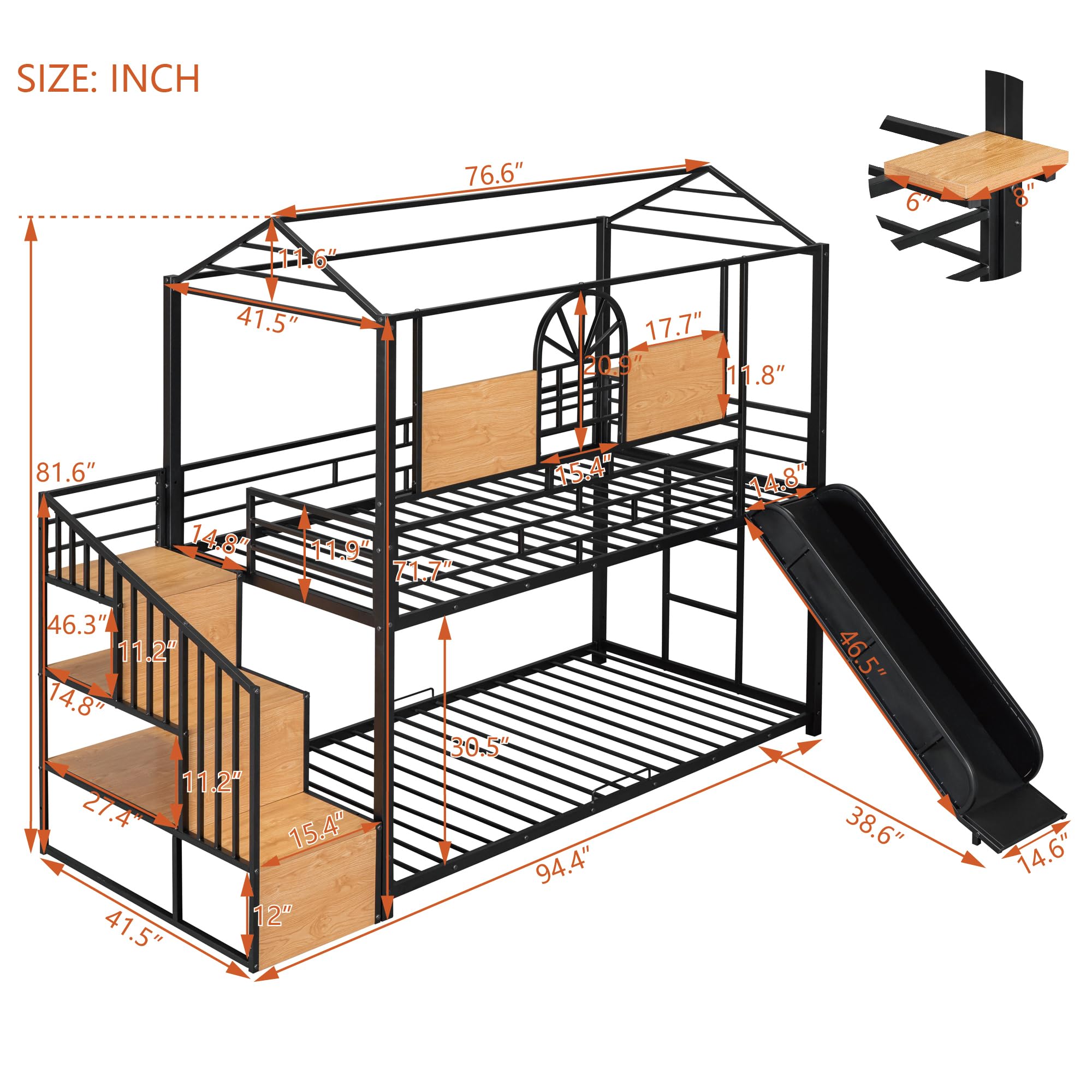 Merax Twin Over Twin Metal Bunk Bed, Metal House Bed with Slide and Storage Stair, Black Bed Frame with Black Slide