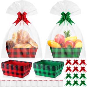 wonderjune 12 pack christmas gifts empty basket kit 9.8 x 8.3'' red green plaid cardboard basket to fill bulk with handle shrink wrap bags, pull bows, raffle gift for xmas decor