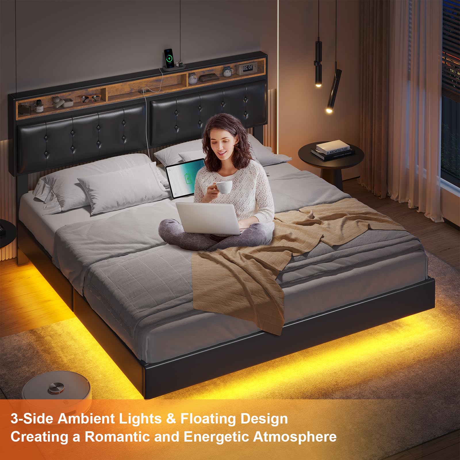 DICTAC Floating King Bed Frame with Led Lights and Storage Headboard King Size LED Bed with Charging Ports Visual Floating Platform Bed with Wood Slats,Faux Leather,No Box Spring Needed,Black