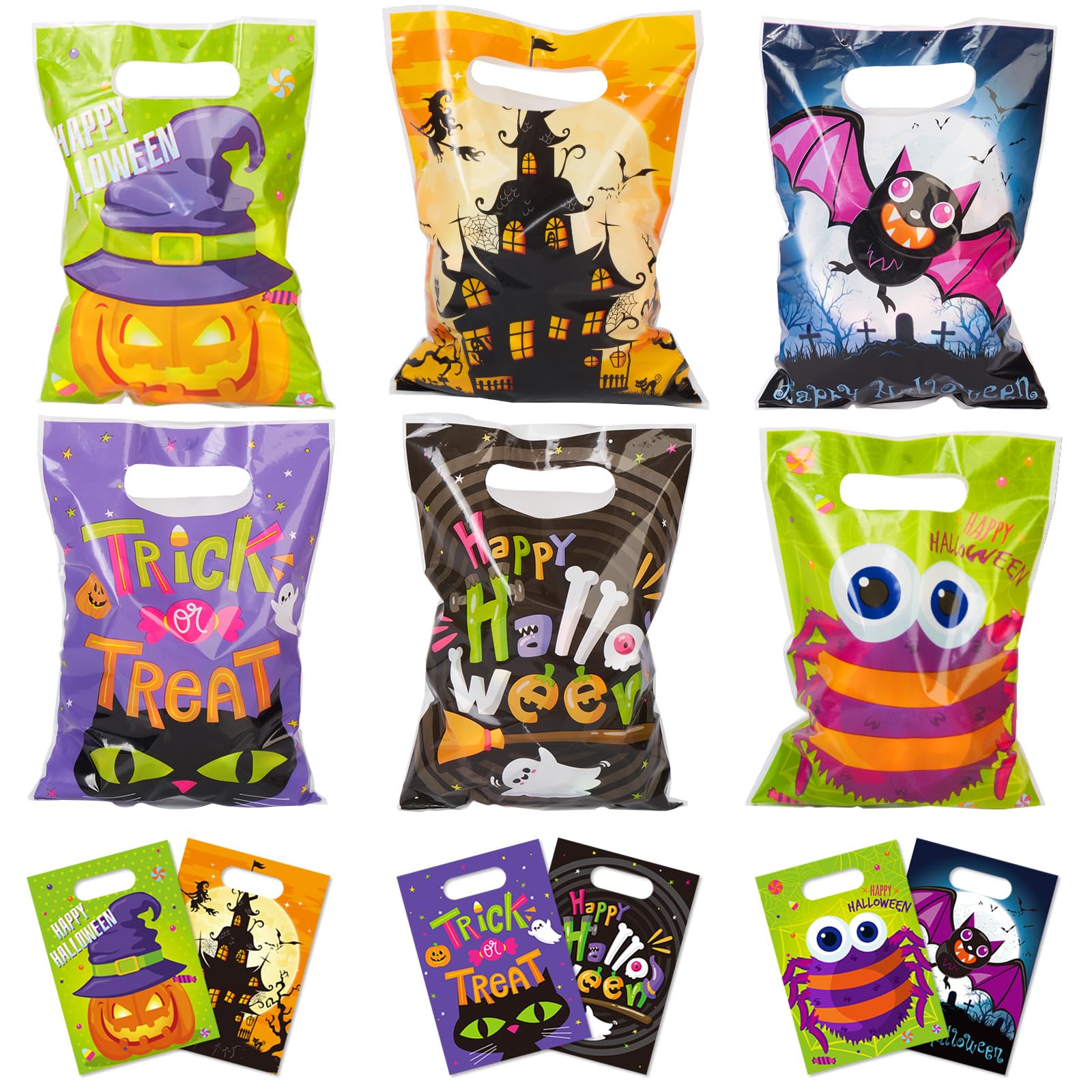 DECORLIFE 72 Pcs Halloween Treat Bags, 6 Styles Heavy Duty Halloween Bags Bulk with Handle, Loot Bags for Goody, Candy, Gift, Treat or Trick