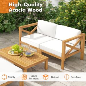 Tangkula 5 Piece Outdoor Conversation Furniture Set, Acacia Wood Sectional Sofa Set with 3 Chairs, 1 Ottoman & 1 Coffee Table, Patio Cushioned Sofa Set for Porch, Yard, Poolside (Off White)