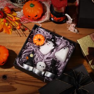 Rossesay 12 Pcs Halloween Decoration Candles Ghost Candles Pumpkin Skeleton Cat Witch Cute Mini Candles White Soy Wax Horror Tea Lights Spooky Candles Set for Autumn Halloween Party Home Decorations