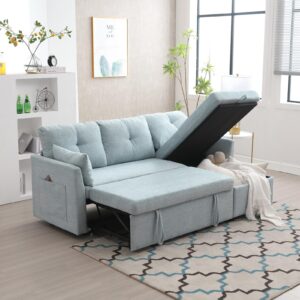 Chenille Couch with Pull Out Sofa Bed, Sleeper Sofa with Storage Chaise Lounge, Sectional Couch with Comfy Pillows and Pockets, Convertible L Shape Couches for living room, Bedroom, Office, Mint Green