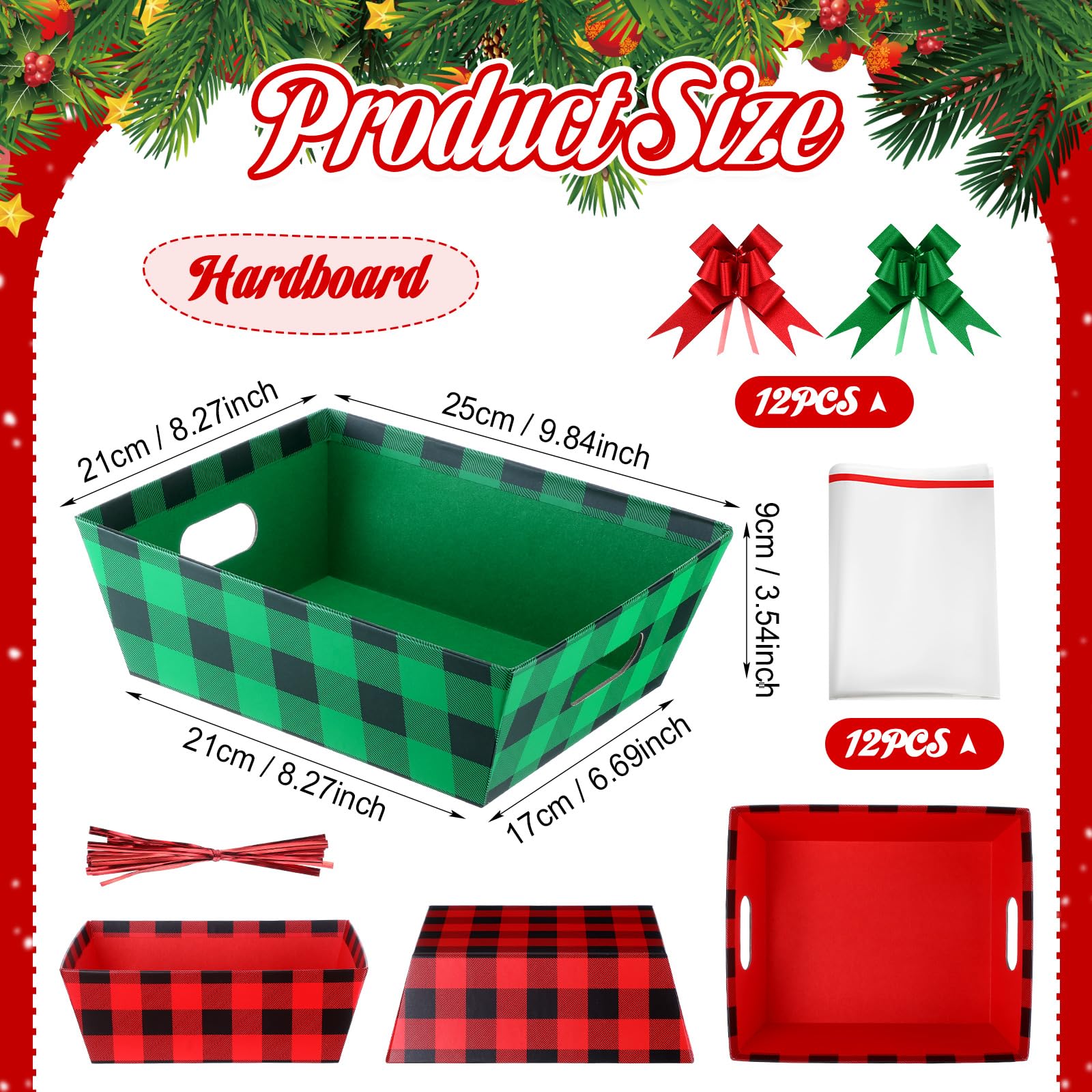 Wonderjune 12 Pack Christmas Gifts Empty Basket Kit 9.8 x 8.3'' Red Green Plaid Cardboard Basket to Fill Bulk with Handle Shrink Wrap Bags, Pull Bows, Raffle Gift for Xmas Decor