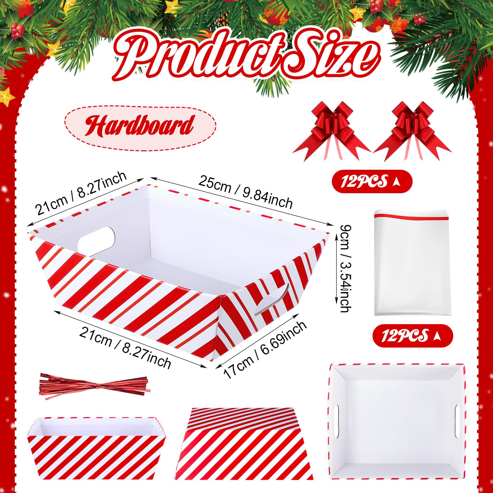 Wonderjune 12 Pcs Christmas Basket for Gifts Empty Set 9.8 x 8.3'' Large Empty Gifts Baskets to Fill,Red Candy Stripe Cardboard Basket with Handles Bows Plastic Bags for Xmas Party Holiday Decor