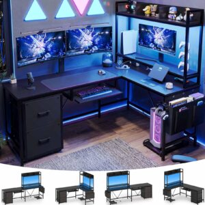 uposoja l shaped gaming desk with keyboard tray, reversible computer desk with power outlet, corner home office desks, mobile file cabinet storage shelves monitor stand drawers (black, 67in)