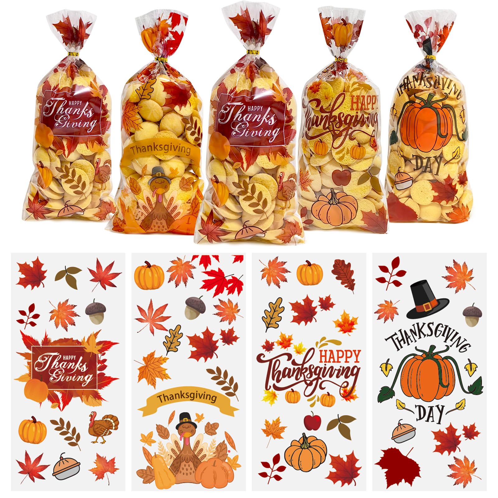 QOIUSO Thanksgiving Gift Bags Cellophane Bags: 50 Pcs Thanksgiving Treat Bags for Goodie Cookies Snacks and Gift Wrapping, Clear Candy Bags with Twist Ties Thanksgiving Party Favors Bags - 4 Style