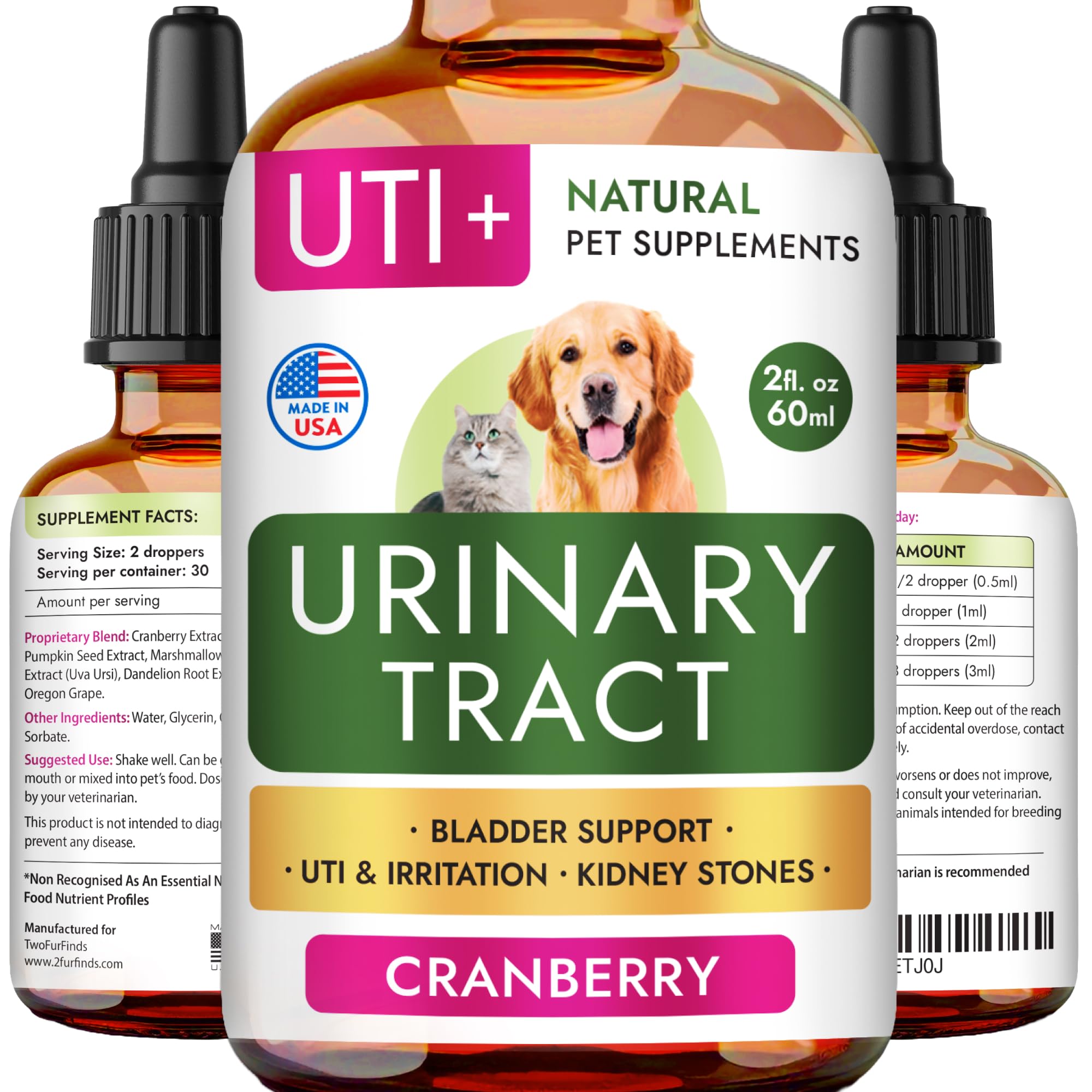 Dog UTI Treatment & Cat Urinary Tract Infection Treatment, Natural Herbal Liquid UTI Medicine, Organically Grown Cranberry Extract, Supports Urinary and Digestive Health, 2 fl oz, Made in USA